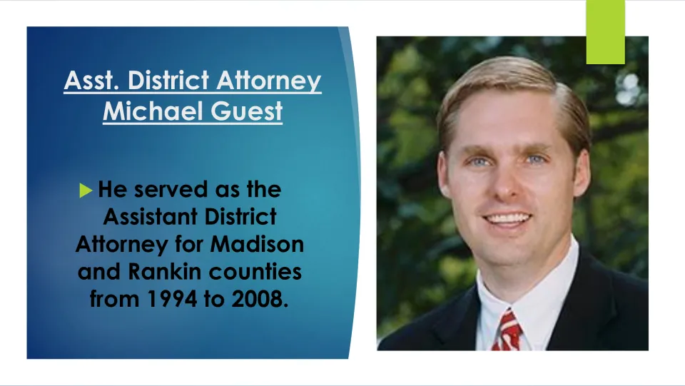 Career slide covering Michael Guest’s service as assistant district attorney for Madison and Rankin, 1994–2008