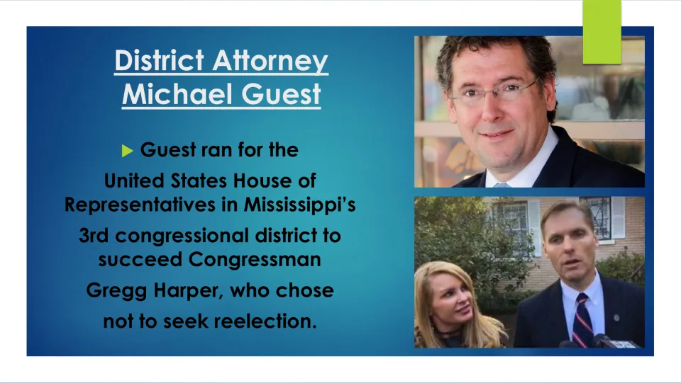 Election slide explaining Michael Guest’s U.S. House campaign to succeed Gregg Harper in Mississippi’s 3rd district