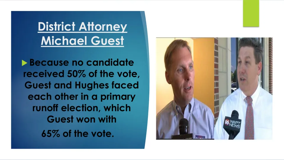 Runoff election slide explaining that no candidate reached 50% and Michael Guest defeated Whit Hughes with 65%