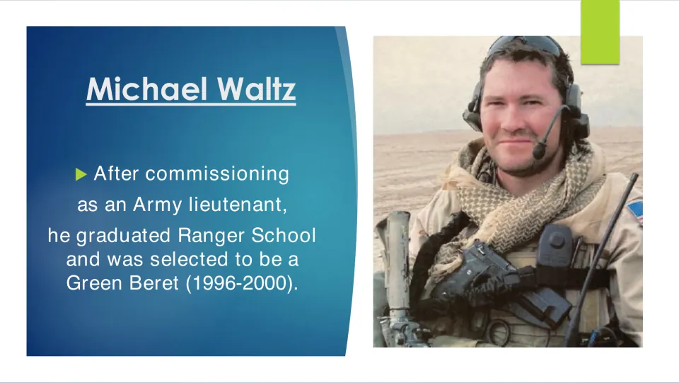 Biography slide covering Michael Waltz’s Army commission, Ranger School, and Green Beret selection, 1996–2000