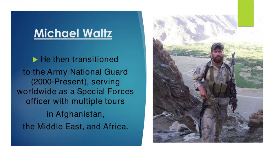 Biography slide on Michael Waltz’s National Guard service and tours in Afghanistan, the Middle East, and Africa