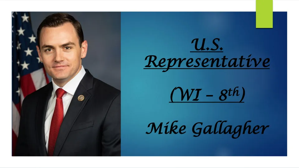 Biography presentation cover introducing Mike Gallagher as U.S. representative for Wisconsin’s 8th district