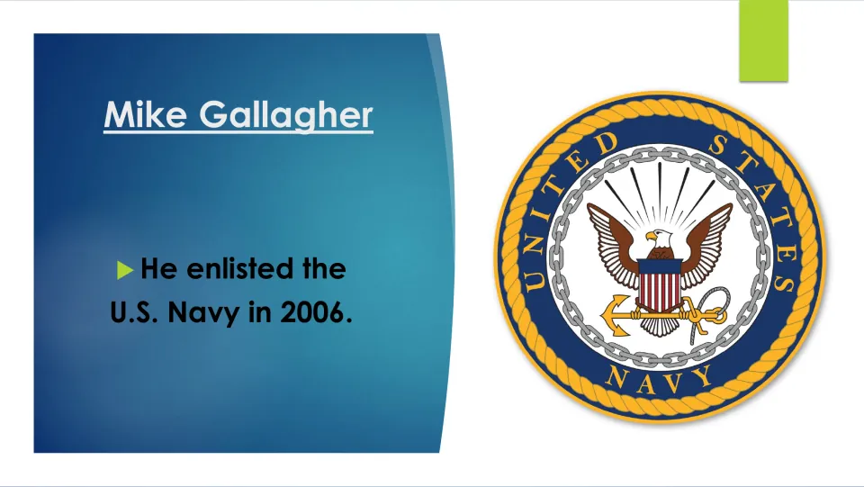 Military biography slide stating that Gallagher enlisted in the U.S. Navy in 2006, beside the Navy seal