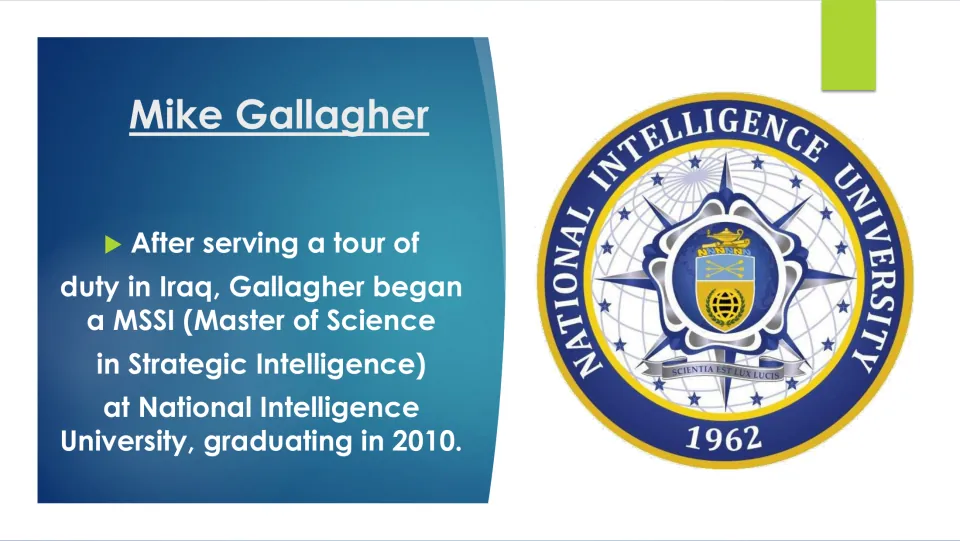 Graduate education slide describing Gallagher’s Iraq tour and 2010 master’s degree in strategic intelligence