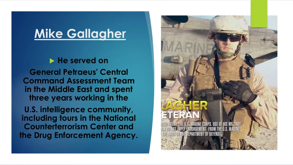 Intelligence career slide covering Gallagher’s work on General Petraeus’ assessment team and at NCTC and DEA