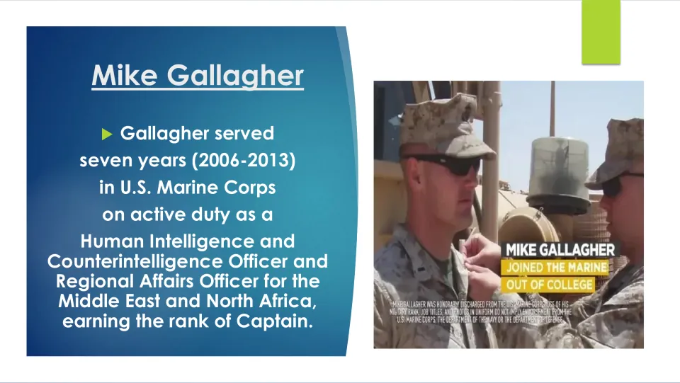 Military service slide describing Gallagher’s Marine Corps intelligence roles from 2006–2013 and captain rank