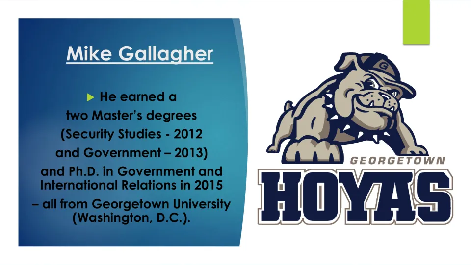 Georgetown education slide listing Gallagher’s master’s degrees earned in 2012 and 2013 and doctorate in 2015