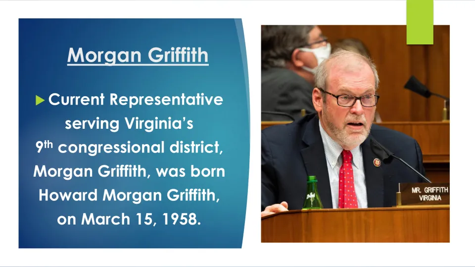 Biography slide identifying Morgan Griffith’s full name as Howard Morgan Griffith and birthdate as March 15, 1958