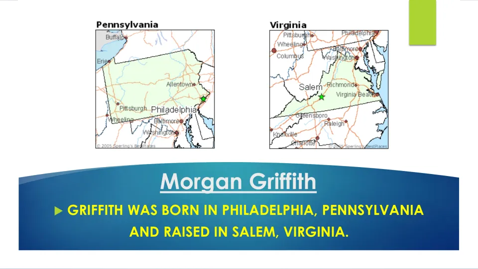 Biography slide showing maps and stating Griffith was born in Philadelphia and raised in Salem, Virginia