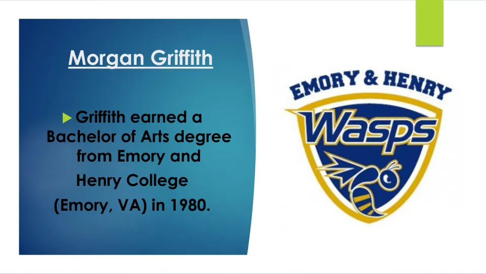 Education slide stating Griffith earned a Bachelor of Arts from Emory and Henry College in Virginia in 1980