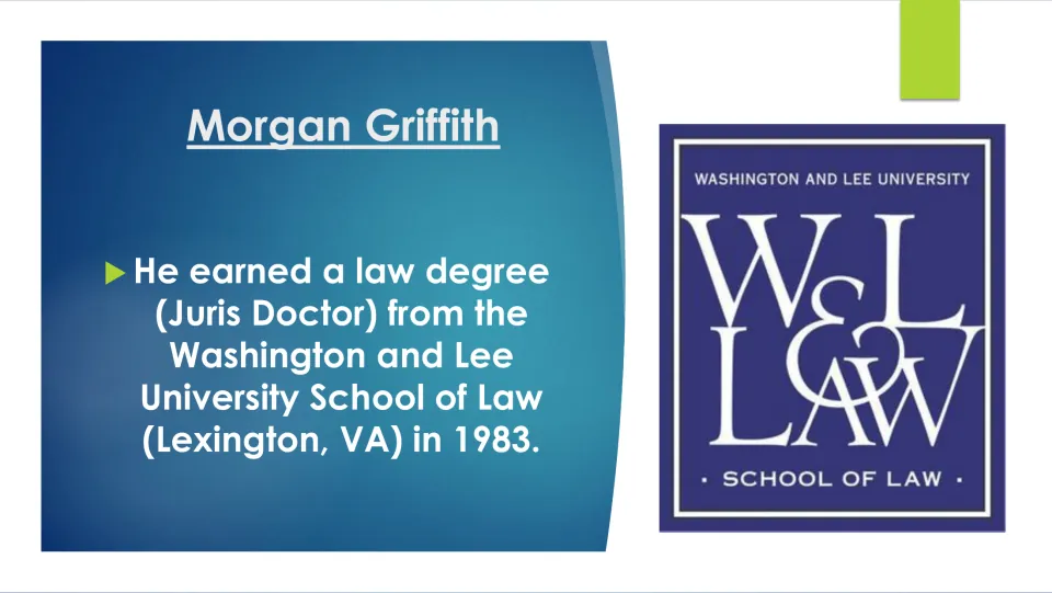 Education slide stating Griffith earned a Juris Doctor from Washington and Lee University School of Law in 1983