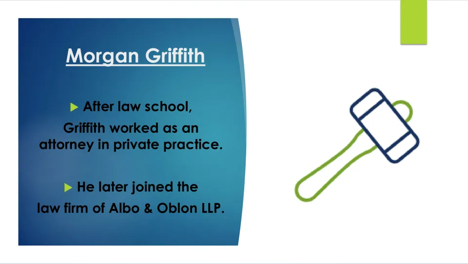 Legal career slide stating Griffith worked in private practice after law school and later joined Albo & Oblon LLP