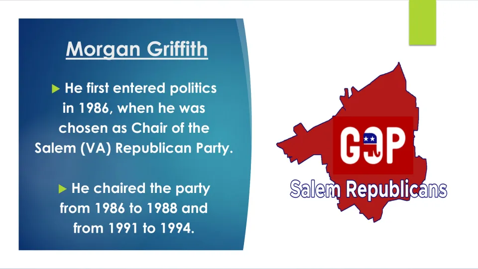 Political career slide listing Griffith’s terms as Salem Republican Party chair: 1986–1988 and 1991–1994