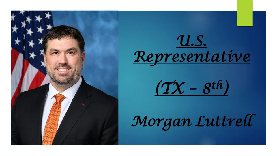 Biography presentation cover naming Morgan Luttrell as U.S. Representative for Texas’ 8th district