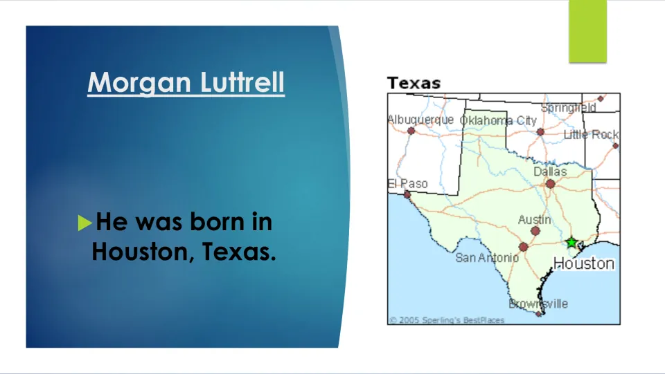 Biography slide identifying Houston, Texas, as Morgan Luttrell’s birthplace, with a map marking Houston