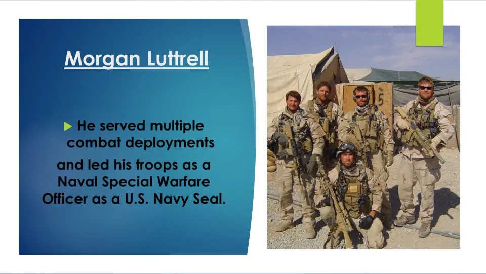 Biography slide describing Luttrell’s combat deployments and leadership as a Naval Special Warfare Officer