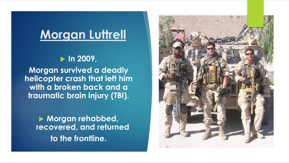 Biography slide on Luttrell’s 2009 helicopter crash, broken back, brain injury, and return to the frontline