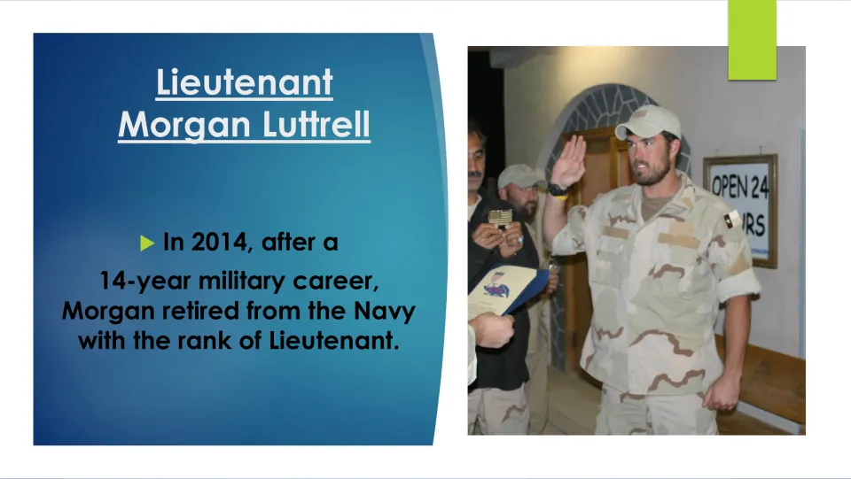 Biography slide stating Luttrell retired from the Navy in 2014 as a lieutenant after a 14-year career