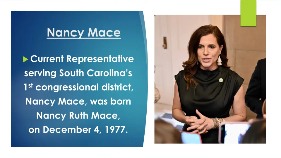 Biography slide introducing Nancy Ruth Mace, her December 4, 1977 birthdate, and her congressional district