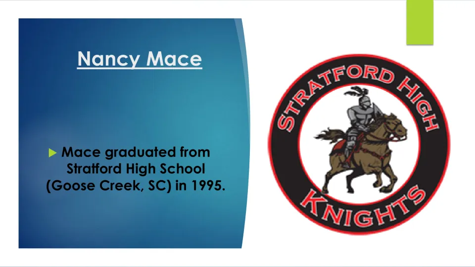 Biography slide stating Nancy Mace graduated from Stratford High School in Goose Creek, SC, in 1995