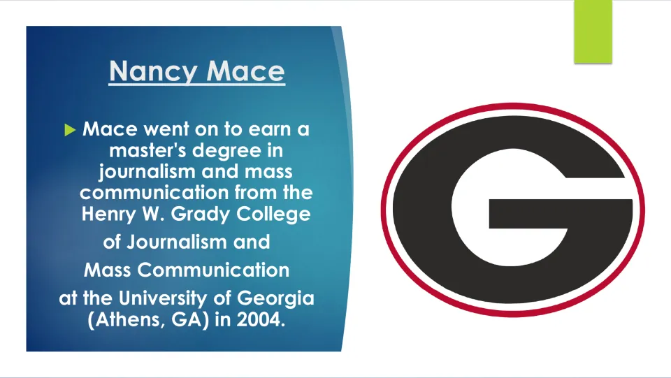 Biography slide on Nancy Mace’s 2004 master’s degree in journalism and mass communication at Georgia