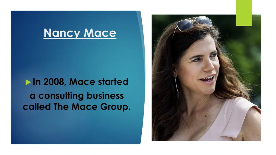 Biography slide stating that Nancy Mace started a consulting business called The Mace Group in 2008