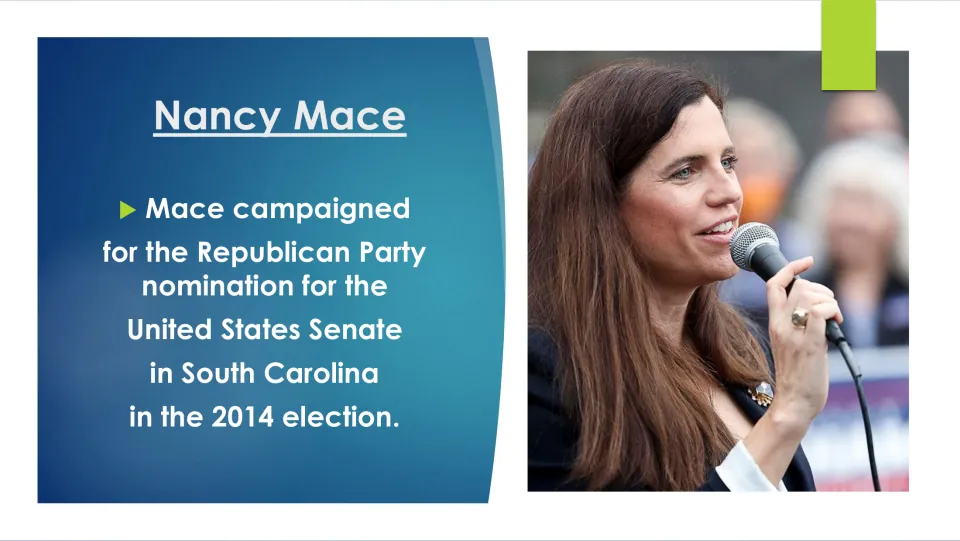 Biography slide on Nancy Mace’s campaign for South Carolina’s Republican U.S. Senate nomination in 2014