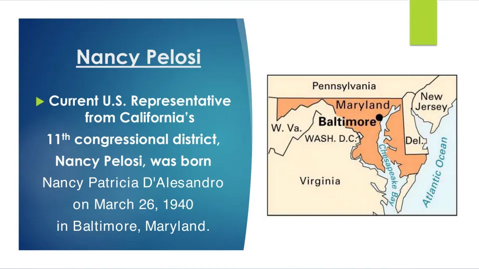 Biography slide naming Nancy Patricia D'Alesandro and giving her birth date and birthplace: Baltimore, Maryland
