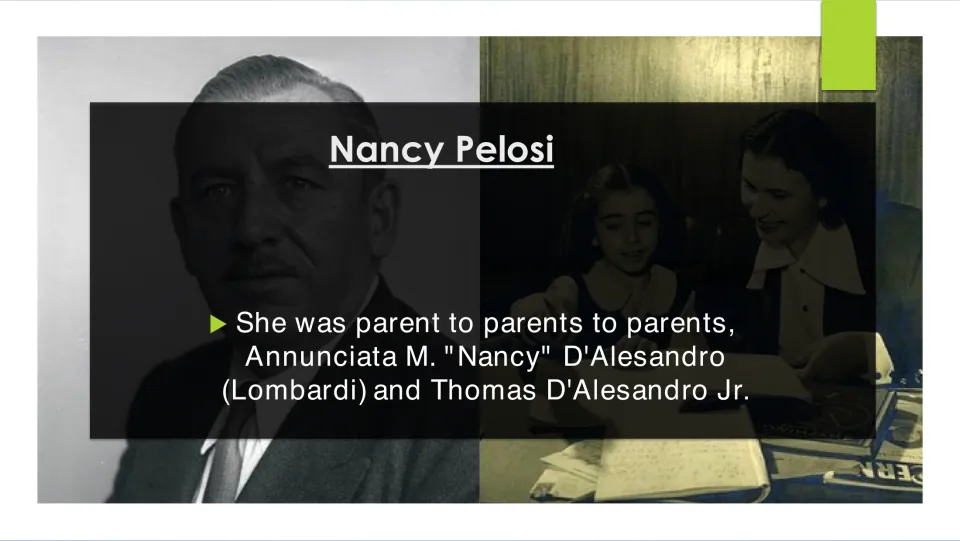 Family background slide naming Annunciata M. "Nancy" D'Alesandro (Lombardi) and Thomas D'Alesandro Jr.