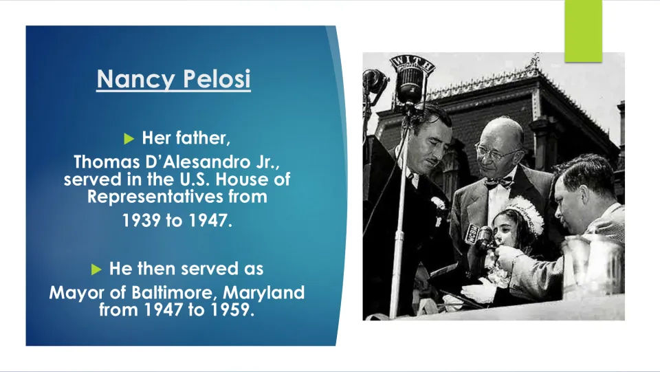 Family biography slide detailing her father's House service from 1939 to 1947 and Baltimore mayoral term, 1947–1959