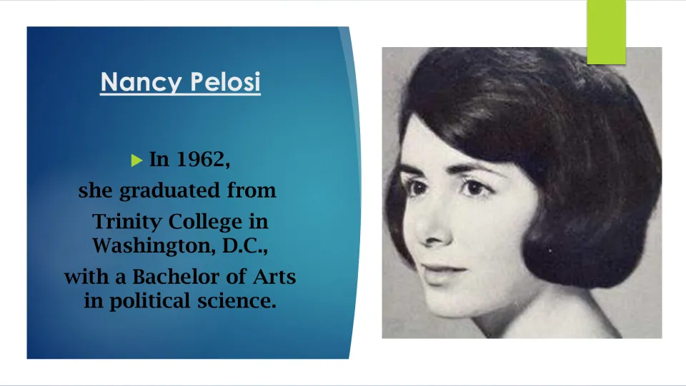 Education slide documenting Pelosi's 1962 graduation from Trinity College with a Bachelor of Arts in political science