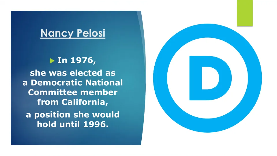 Political career slide covering Pelosi's election to the Democratic National Committee in 1976 and service until 1996