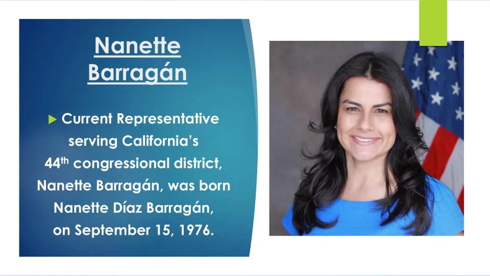 Biography slide introducing Nanette Díaz Barragán, her September 15, 1976 birthdate, and congressional district