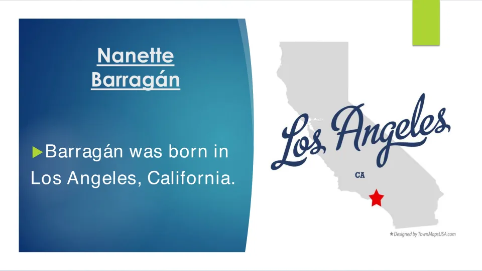Biography slide stating that Barragán was born in Los Angeles, California, with a map marking the city