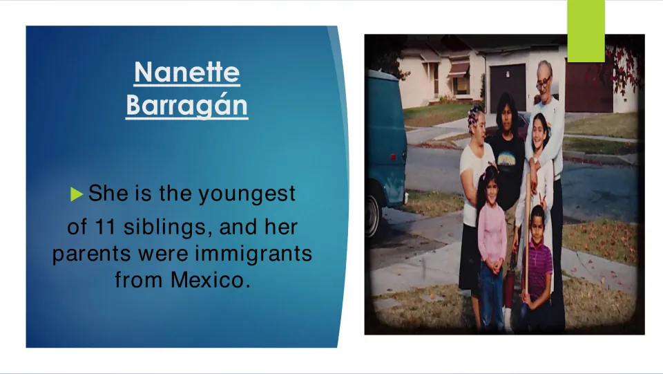 Biography slide describing Barragán as the youngest of 11 siblings, with parents who immigrated from Mexico