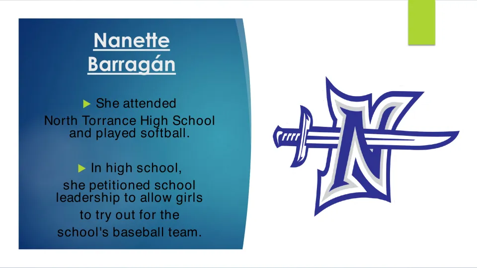 Biography slide on Barragán’s North Torrance High School softball years and petition for girls’ baseball tryouts