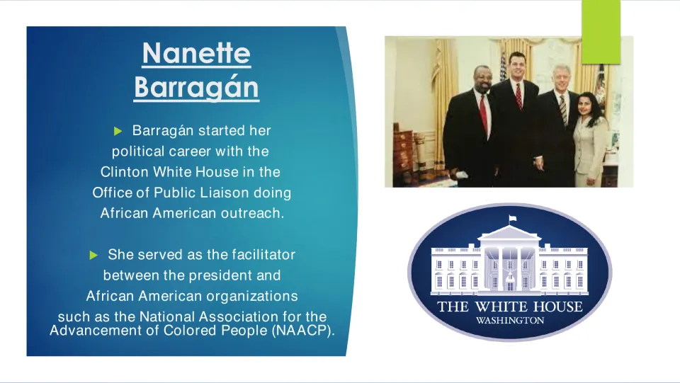 Biography slide on Barragán’s Clinton White House outreach work with African American organizations