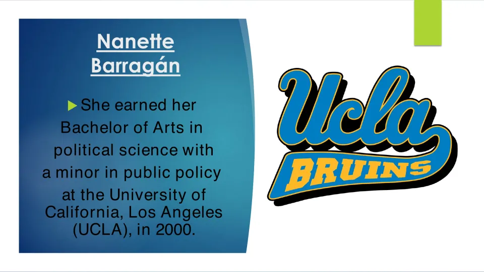 Biography slide stating that Barragán earned a UCLA political science BA with a public policy minor in 2000