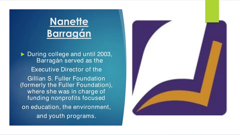 Biography slide on Barragán’s executive director role at the Gillian S. Fuller Foundation through 2003