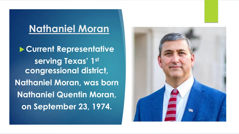 Biography slide giving Nathaniel Quentin Moran’s full name, September 23, 1974 birthdate, and House district