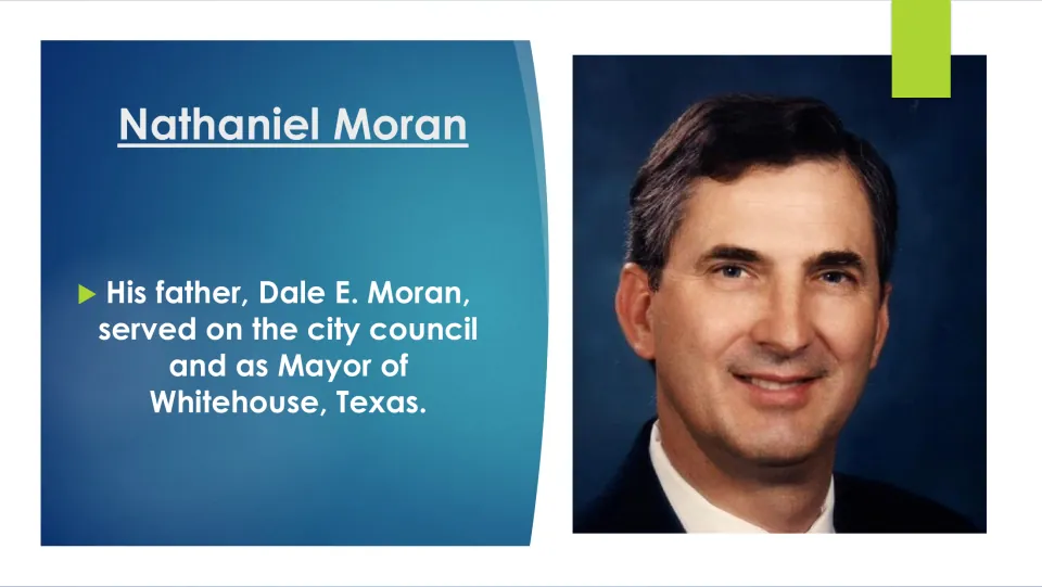 Biography slide about Moran’s father, Dale E. Moran, who served on Whitehouse’s city council and as mayor