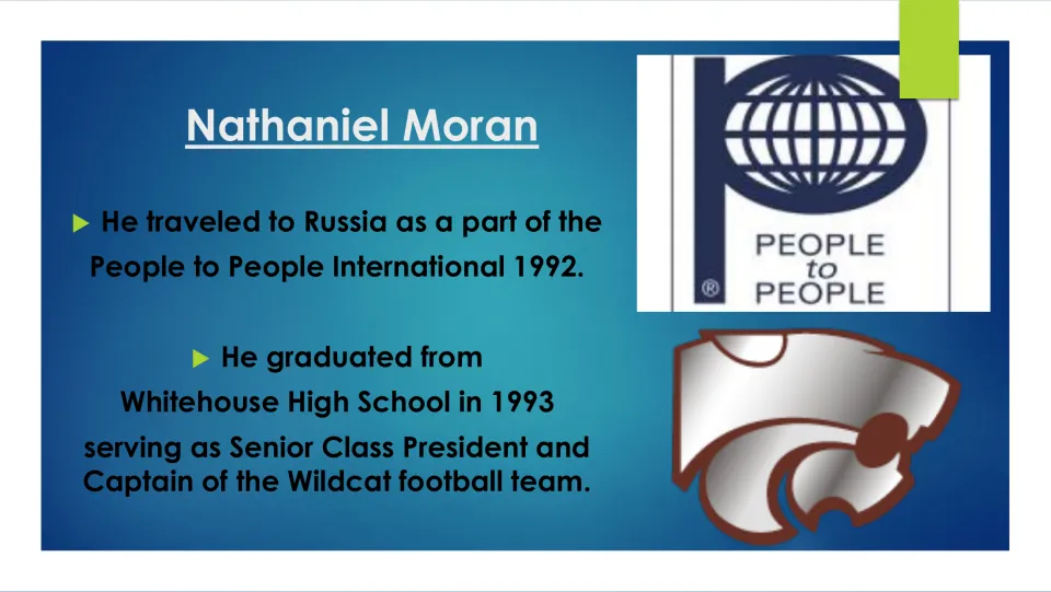 Biography slide on Moran’s 1992 Russia trip, 1993 Whitehouse High graduation, and student leadership roles