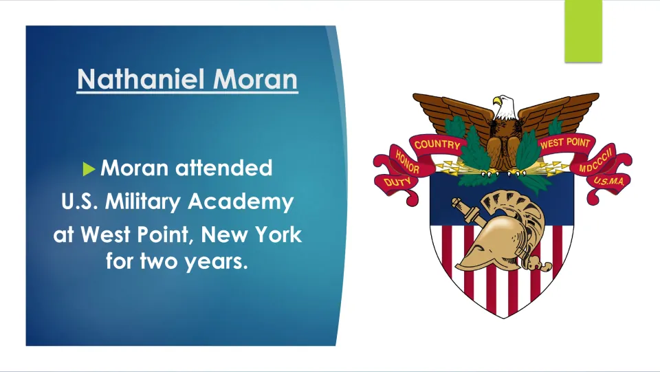 Biography slide stating Moran attended the U.S. Military Academy at West Point, New York, for two years