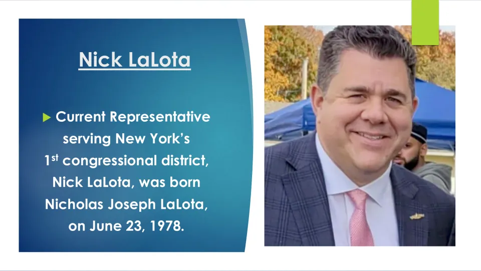 Birth details slide: current representative of New York's 1st district, born Nicholas Joseph LaLota on June 23, 1978