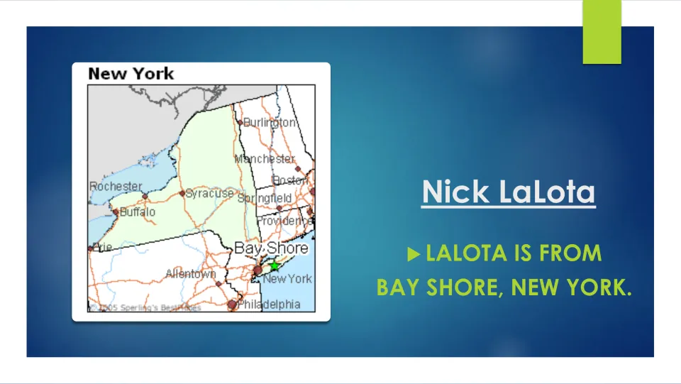 Hometown slide stating he is from Bay Shore, New York, with a regional map marking Bay Shore on Long Island