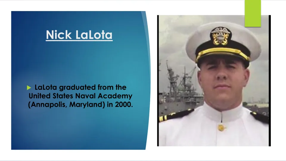 Naval Academy slide: graduated from the United States Naval Academy in Annapolis, Maryland, in 2000, shown in dress whites