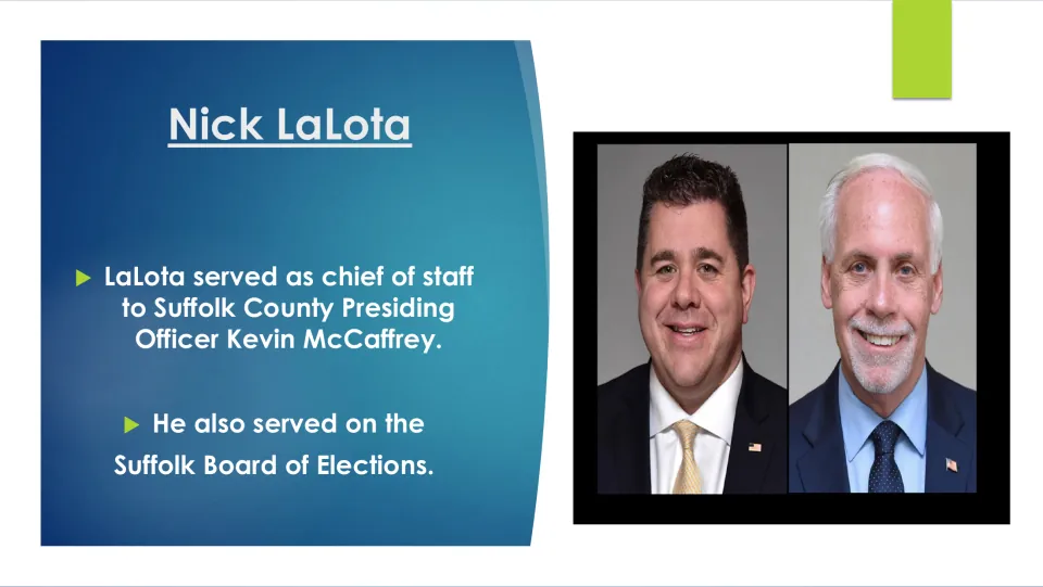 County government slide: chief of staff to Suffolk County Presiding Officer Kevin McCaffrey and Suffolk Board of Elections