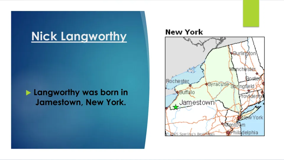 Biography slide identifying Jamestown, New York, as Nick Langworthy’s birthplace, with a map marking the city