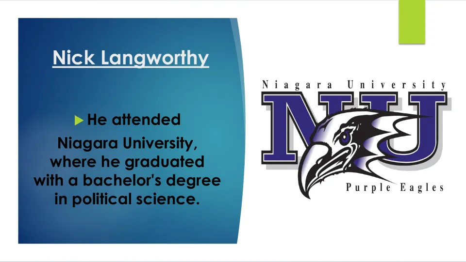 Biography slide describing Nick Langworthy’s bachelor’s degree in political science from Niagara University