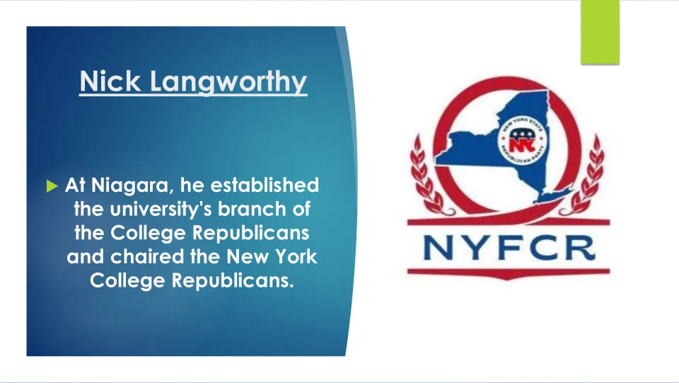 Biography slide on Langworthy founding Niagara’s College Republicans branch and chairing the New York group